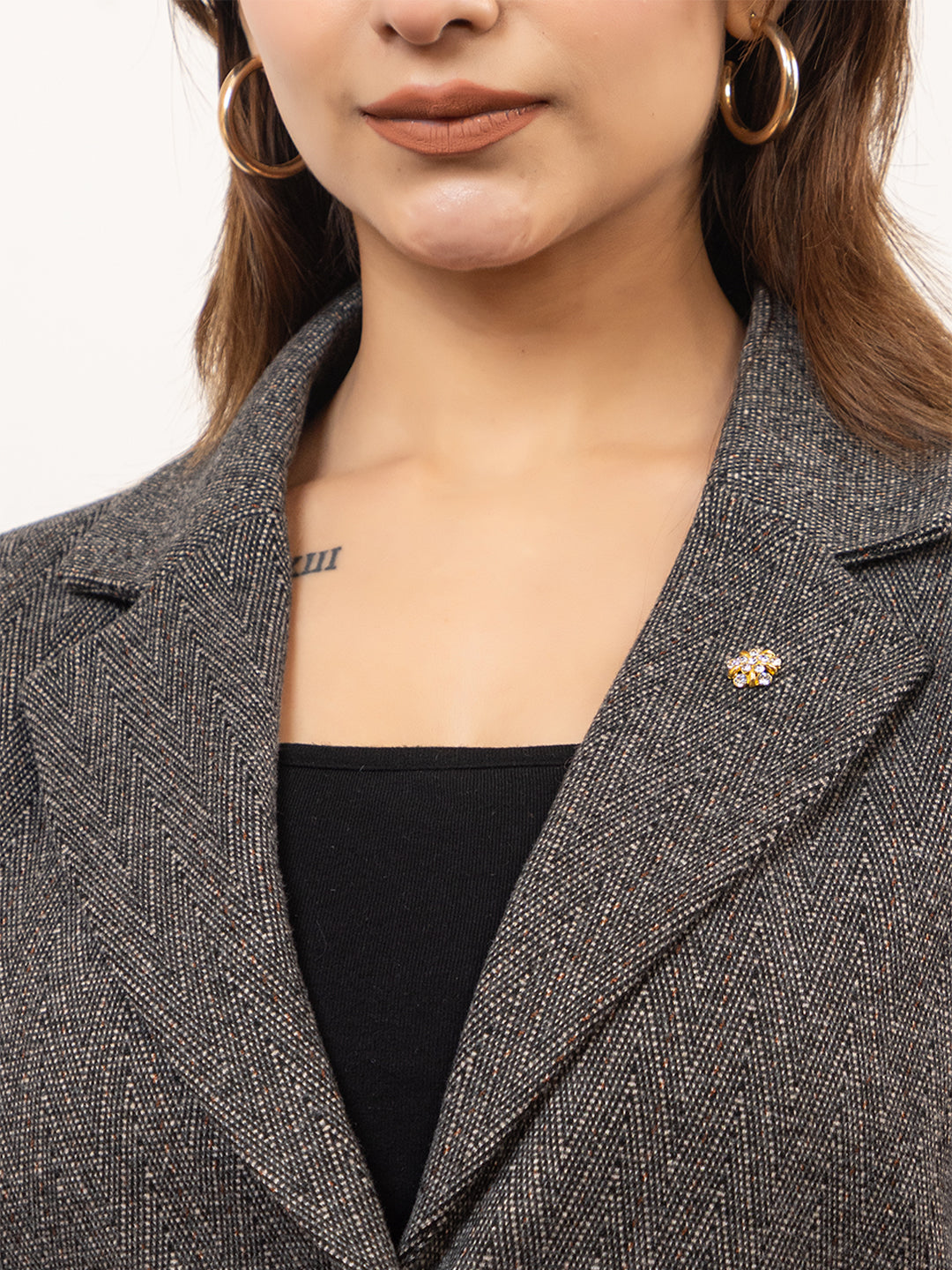TWENTY ME Women's Elegant Single Breasted Tweed fabric Longline Coat | Classic Notch Lapel Coat ( 4395)