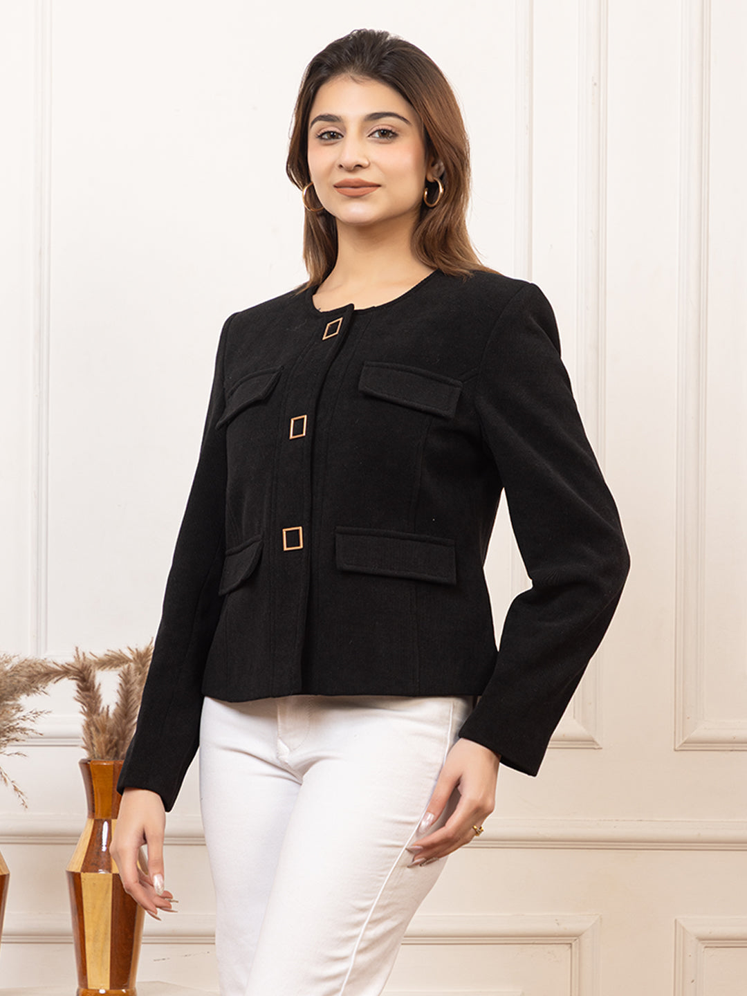 TWENTY ME Women's Elegant Single Breasted Tweed fabric Coat Classic Round Neck Coat ( 4298)