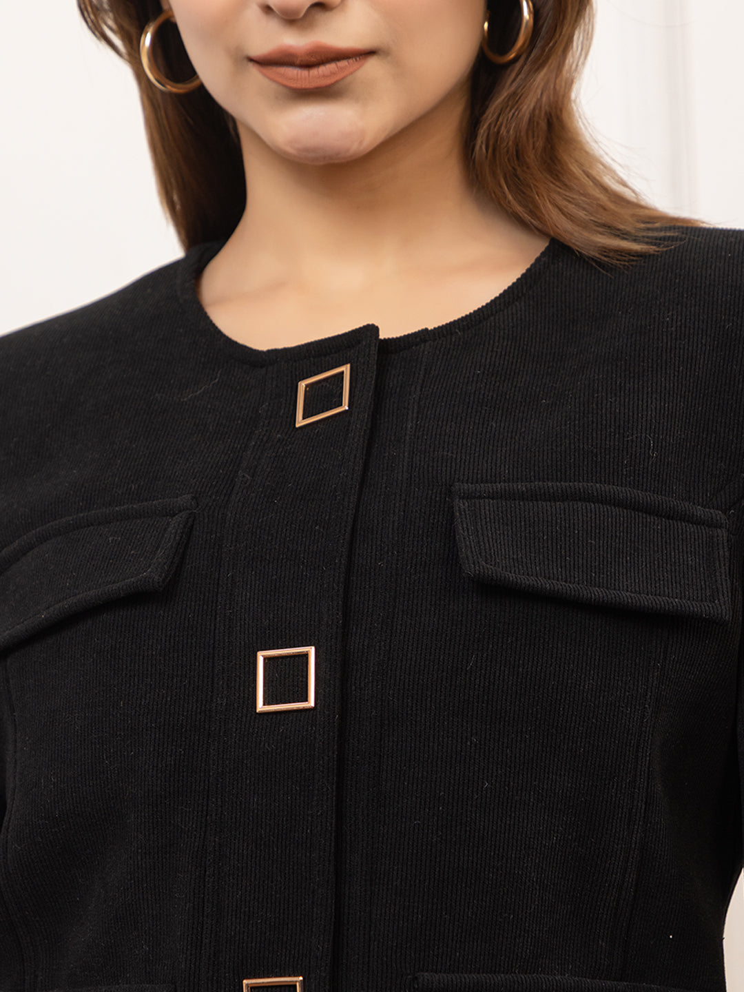 TWENTY ME Women's Elegant Single Breasted Tweed fabric Coat Classic Round Neck Coat ( 4298)