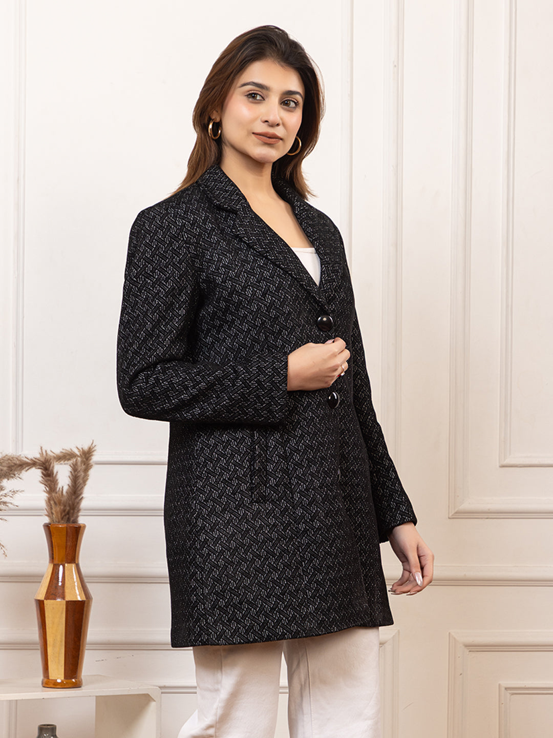 TWENTY ME Winter Wear Casual Wear Outdoor Wear Tweed Fabric Notch Lapel Solid Full Sleeve Women's Coat (4426)