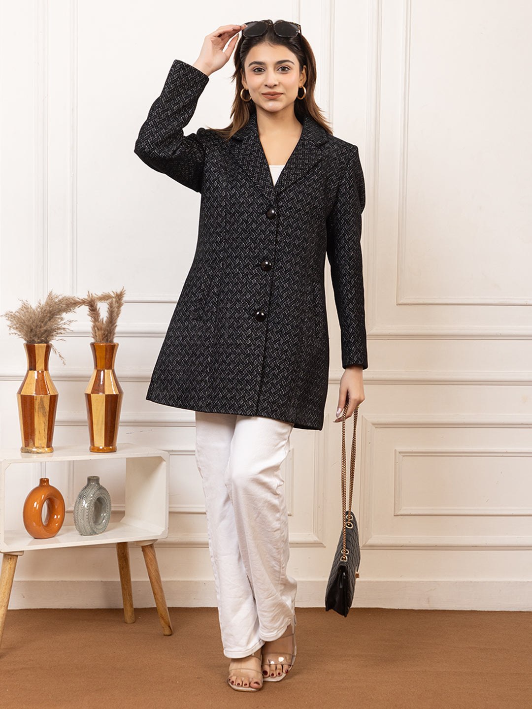 TWENTY ME Winter Wear Casual Wear Outdoor Wear Tweed Fabric Notch Lapel Solid Full Sleeve Women's Coat (4426)