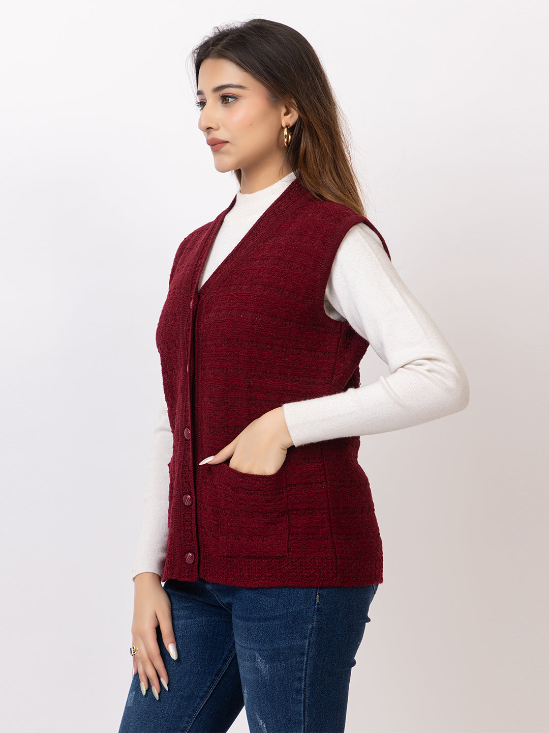 1269 Maroon Sleeveless V Neck Cardigan Winter Wear TWENTY ME