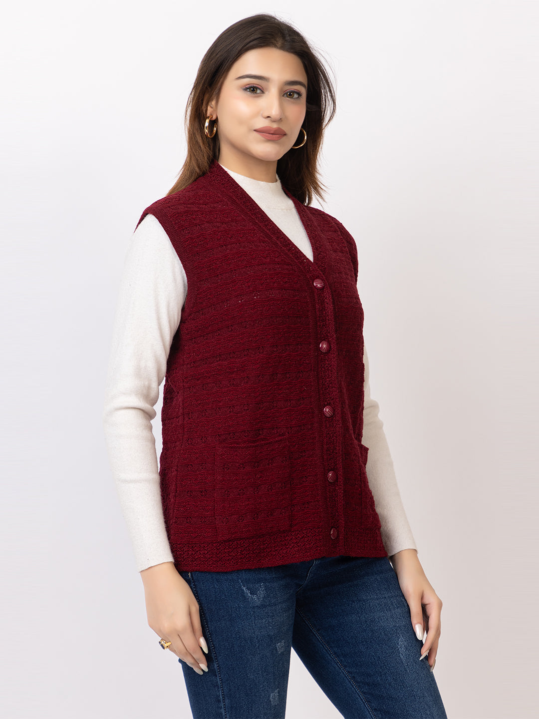 1269 Maroon Sleeveless V Neck Cardigan Winter Wear TWENTY ME