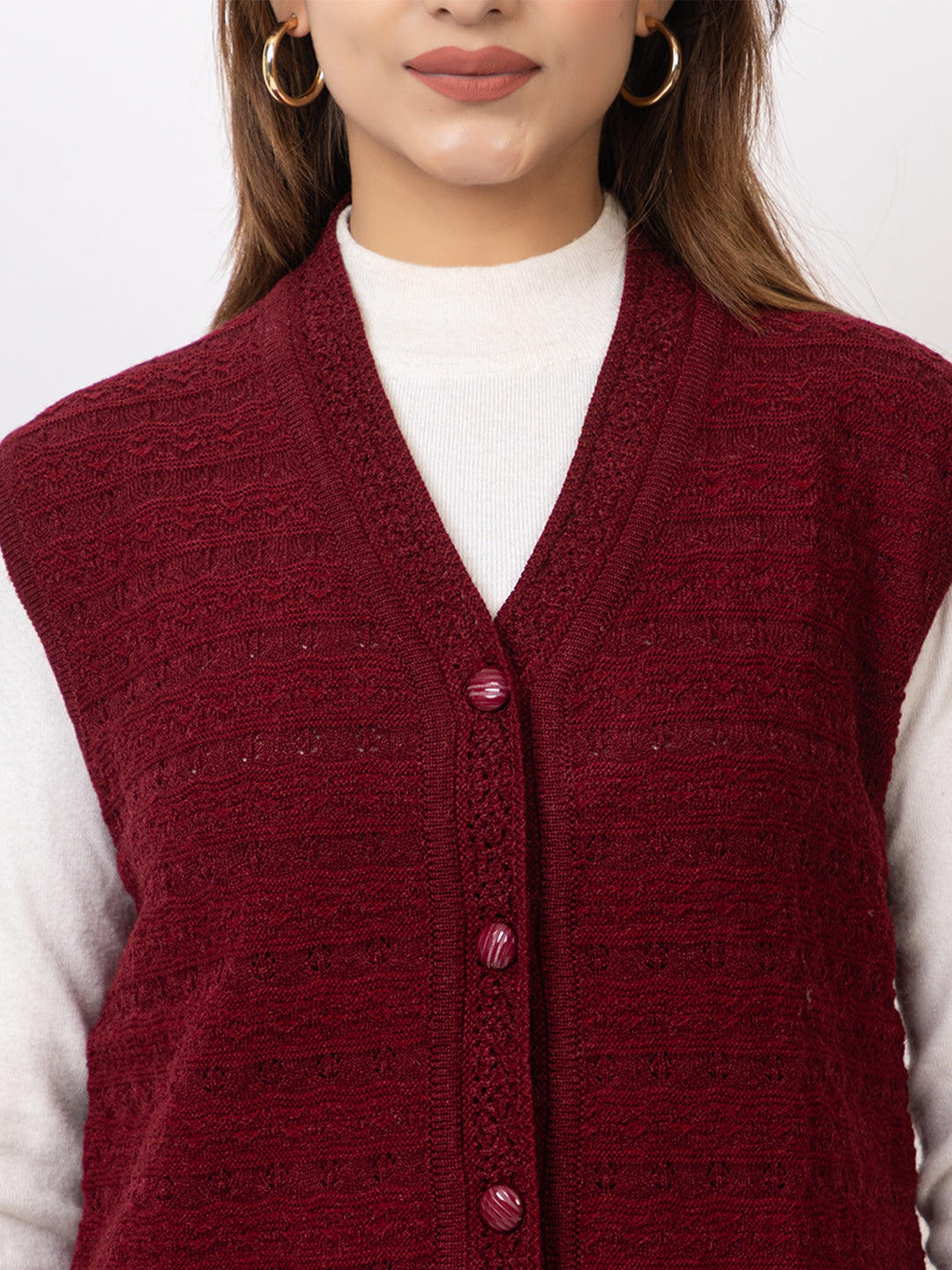 1269 Maroon Sleeveless V Neck Cardigan Winter Wear TWENTY ME
