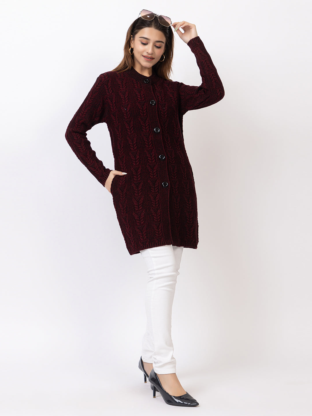4689 D Maroon Crew Neck Cardigan winter wear TWENTY ME