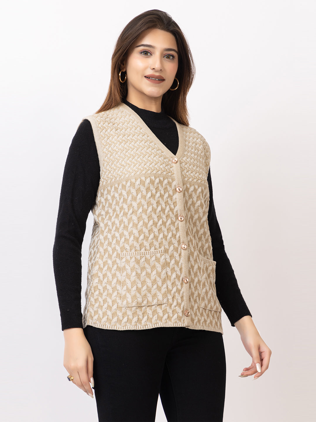 1264 Beige Sleeveless Cardigan Winter Wear TWENTY ME