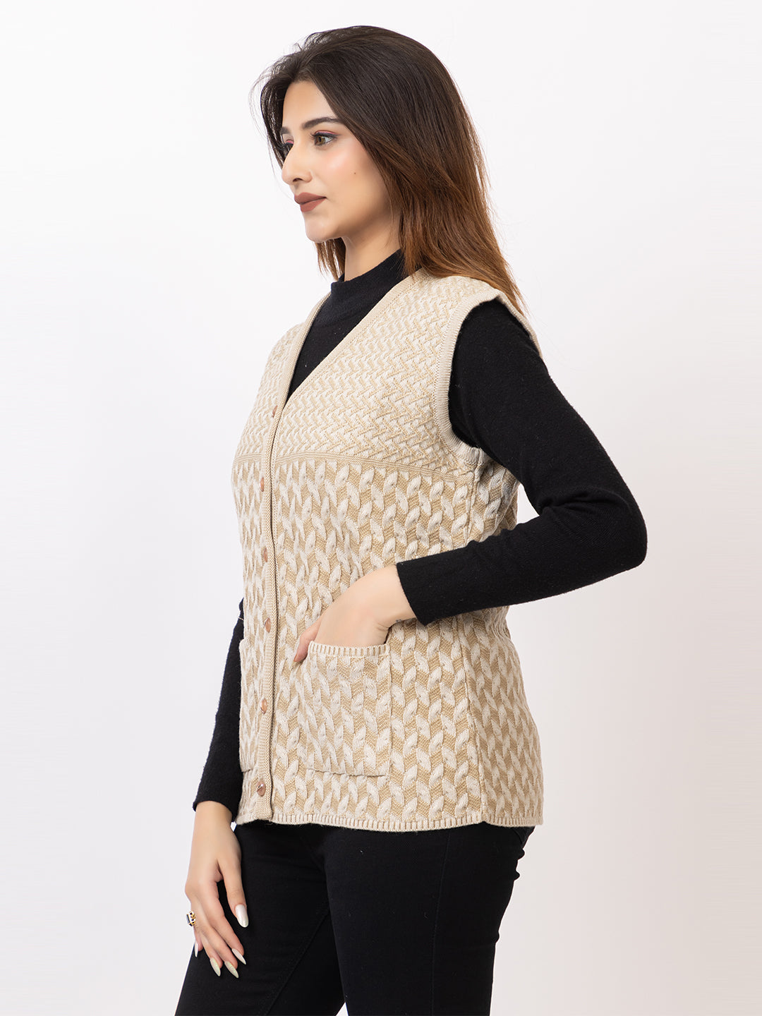 1264 Beige Sleeveless Cardigan Winter Wear TWENTY ME