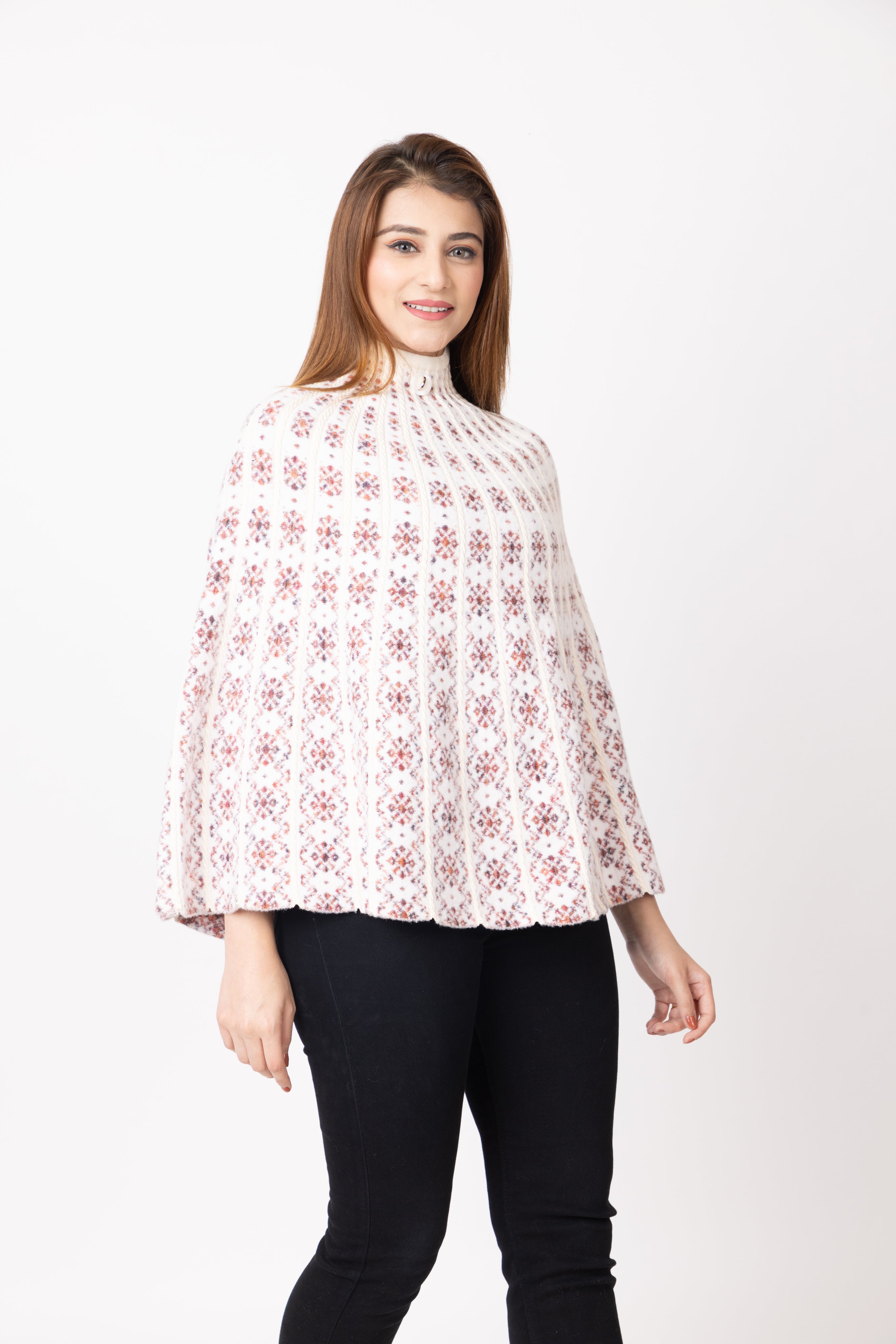 7086 White Ponchu Acrylic Blend Winter Wear TWENTY ME