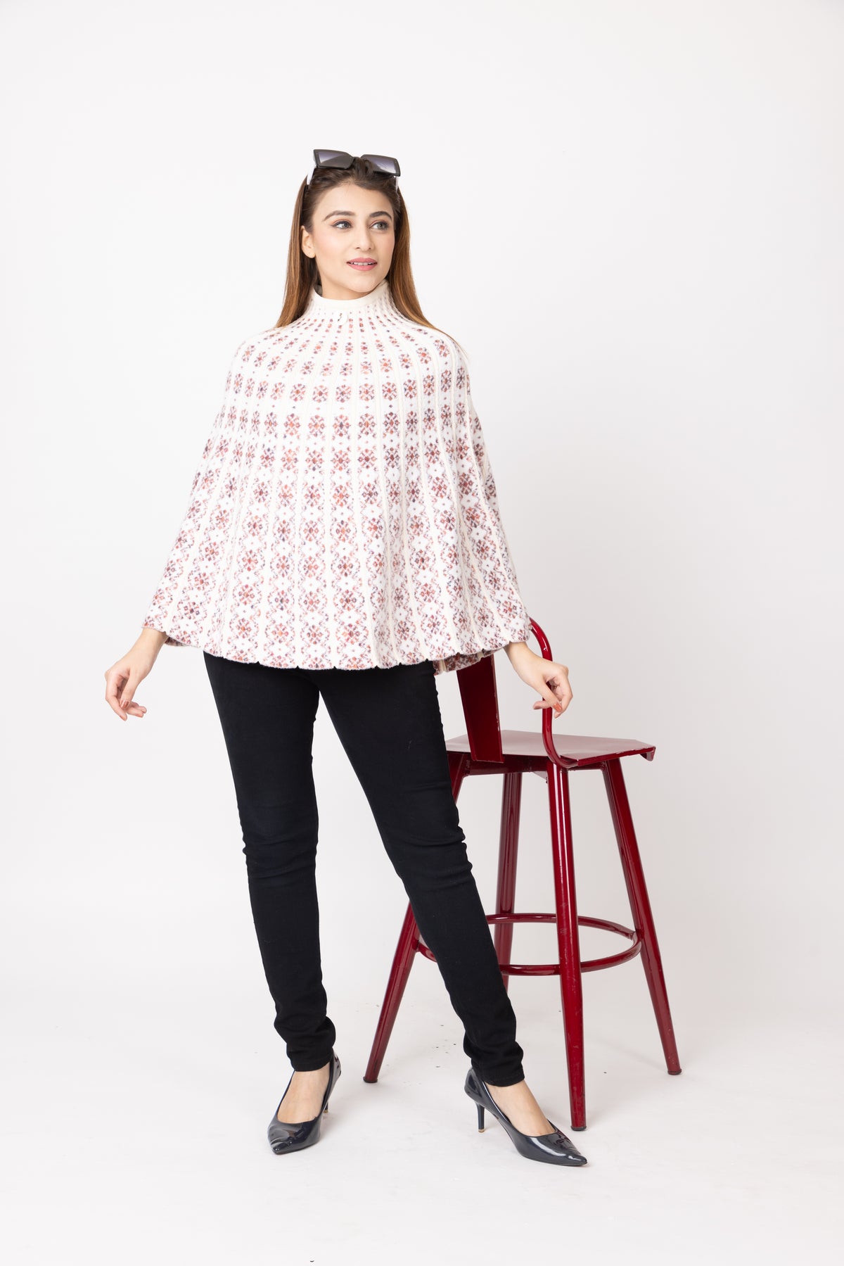 7086 White Ponchu Acrylic Blend Winter Wear TWENTY ME