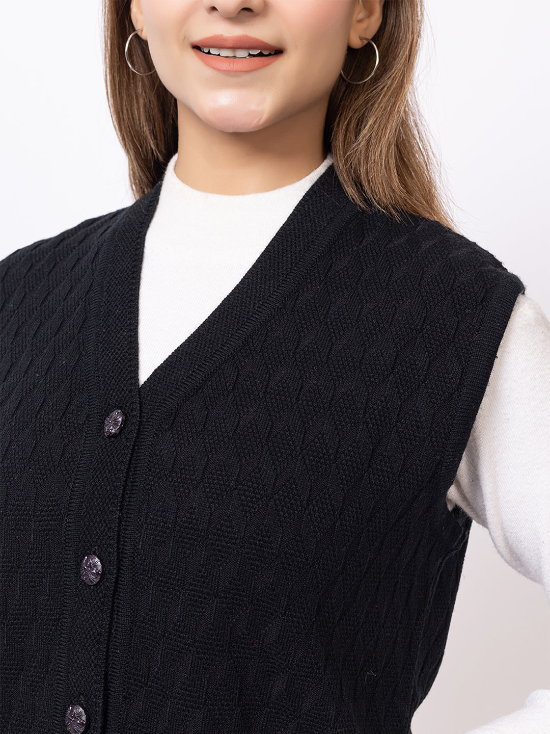 1266 Black Self Design Sleeveless V Neck Acrylic Wool Warm Front Two Pockets Cardigan TWENTY ME
