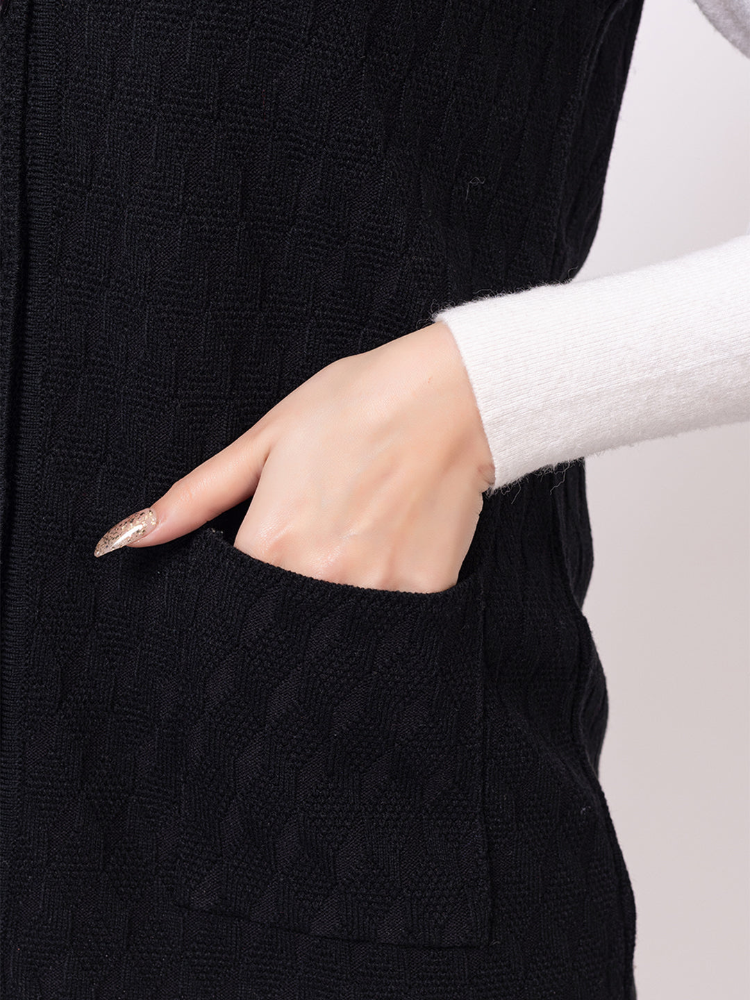 1266 Black Self Design Sleeveless V Neck Acrylic Wool Warm Front Two Pockets Cardigan TWENTY ME