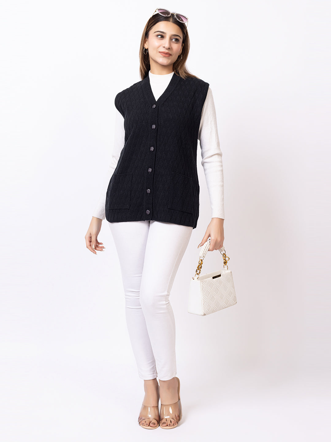 1266 Black Self Design Sleeveless V Neck Acrylic Wool Warm Front Two Pockets Cardigan TWENTY ME