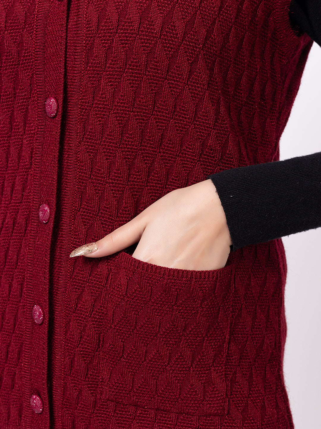 1266 Maroon Self Design Sleeveless V Neck Acrylic Wool Warm Front Two Pockets Cardigan TWENTY ME