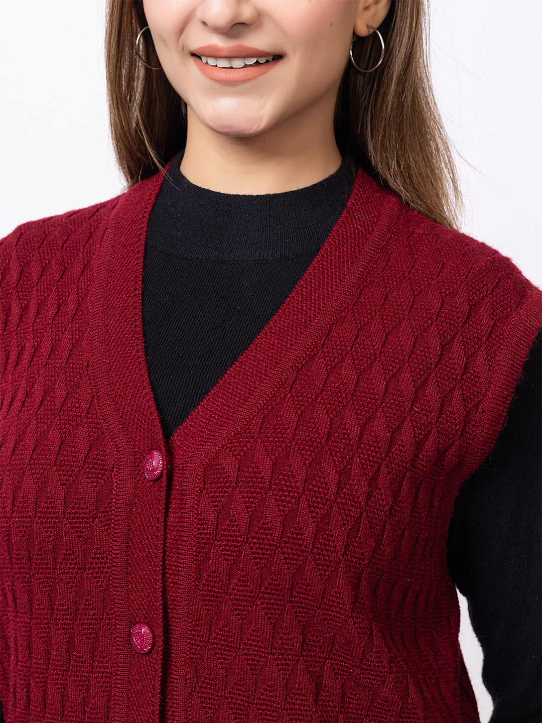 1266 Maroon Self Design Sleeveless V Neck Acrylic Wool Warm Front Two Pockets Cardigan TWENTY ME