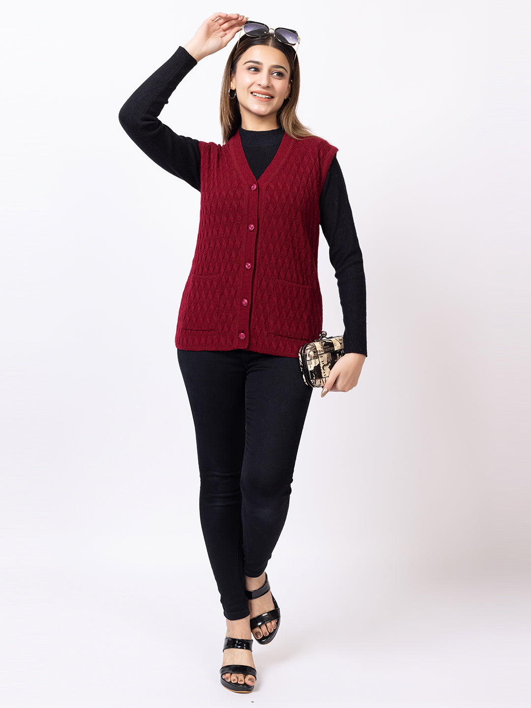 1266 Maroon Self Design Sleeveless V Neck Acrylic Wool Warm Front Two Pockets Cardigan TWENTY ME