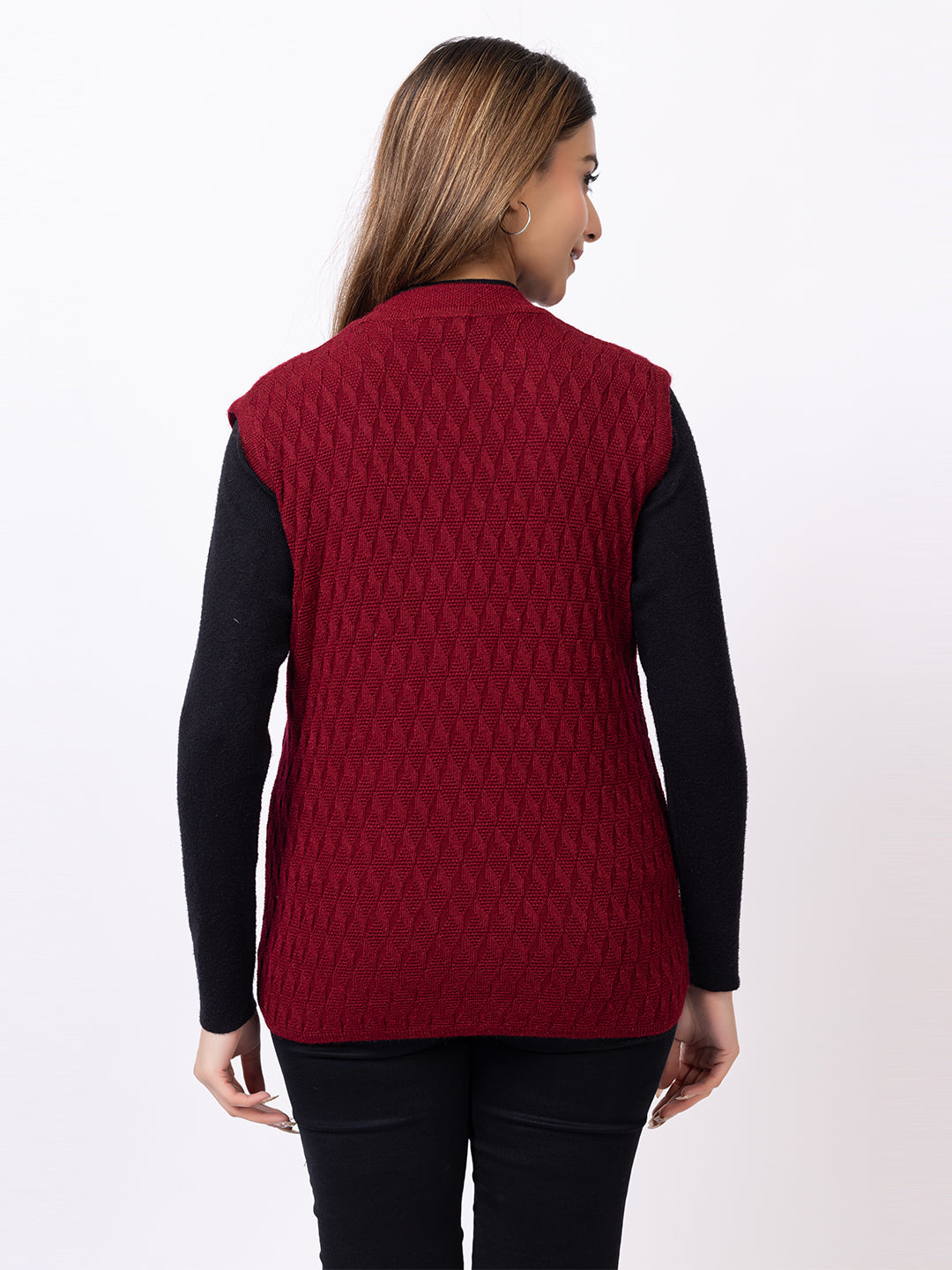 1266 Maroon Self Design Sleeveless V Neck Acrylic Wool Warm Front Two Pockets Cardigan TWENTY ME