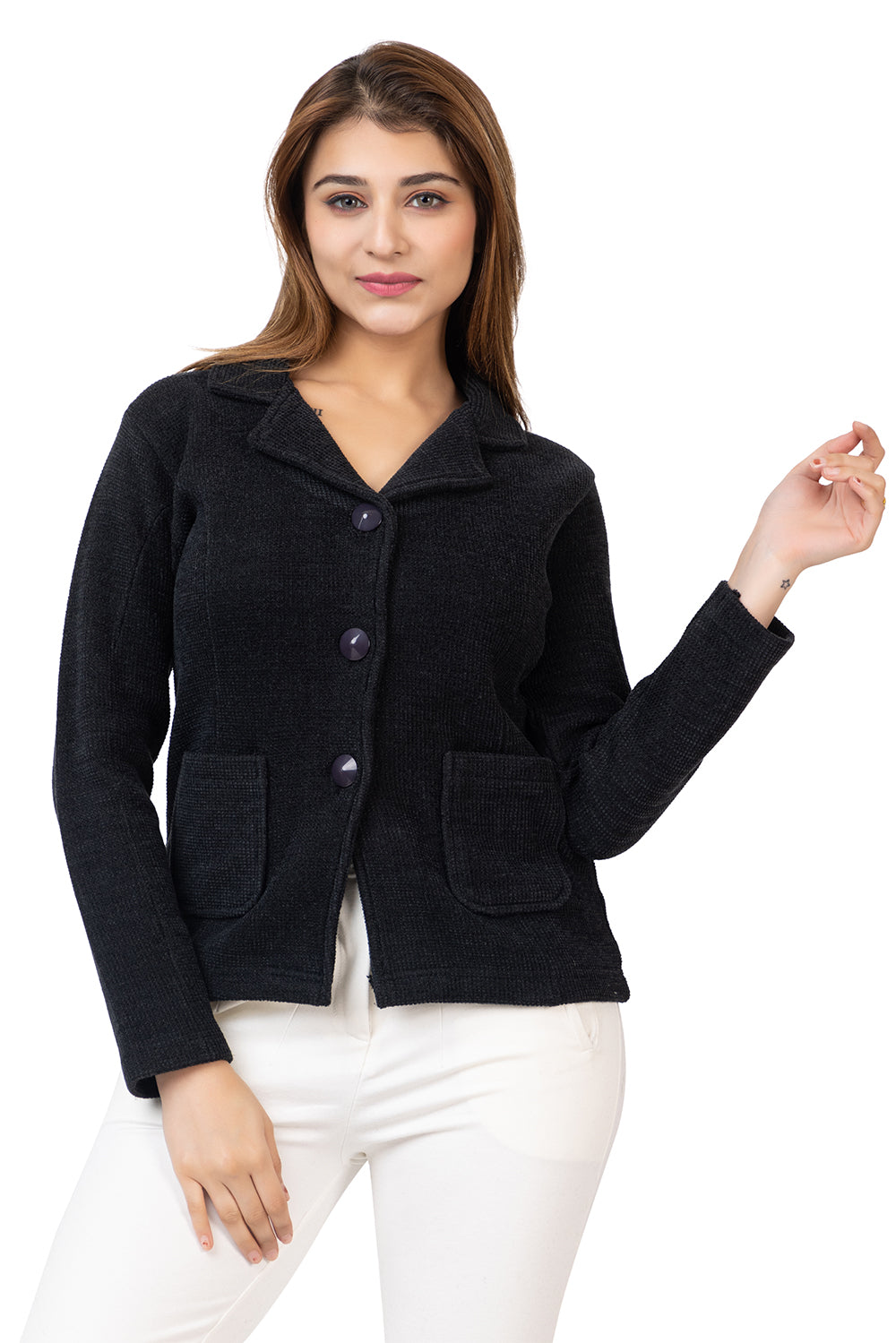 2815 Black Knitted Notched-Collar Cardigan with Pockets TWENTY ME