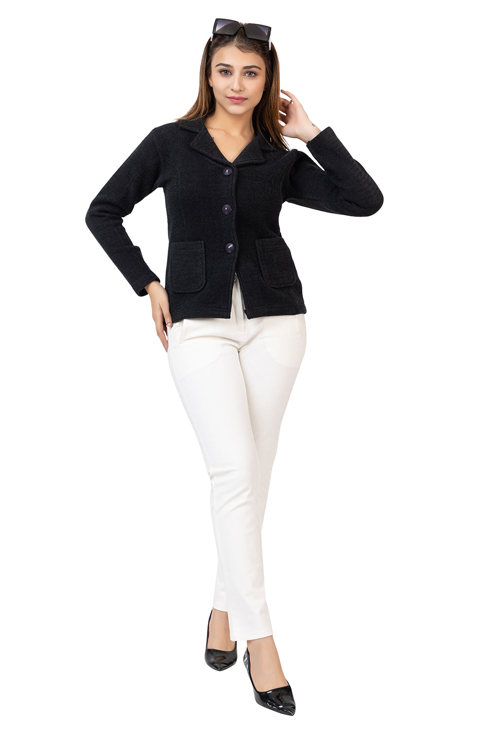 2815 Black Knitted Notched-Collar Cardigan with Pockets TWENTY ME