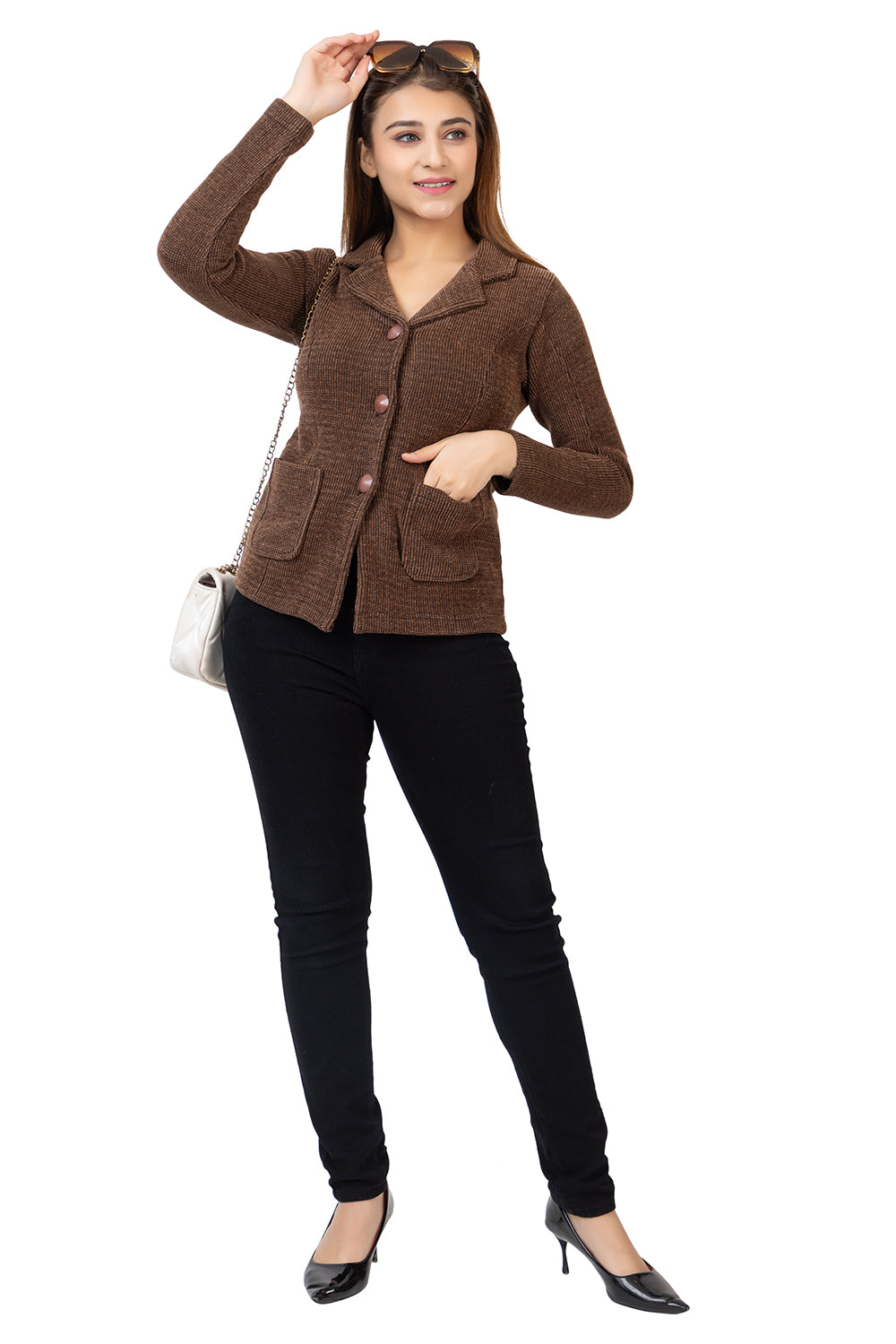 2815 Brown Knitted Notched-Collar Cardigan with Pockets TWENTY ME