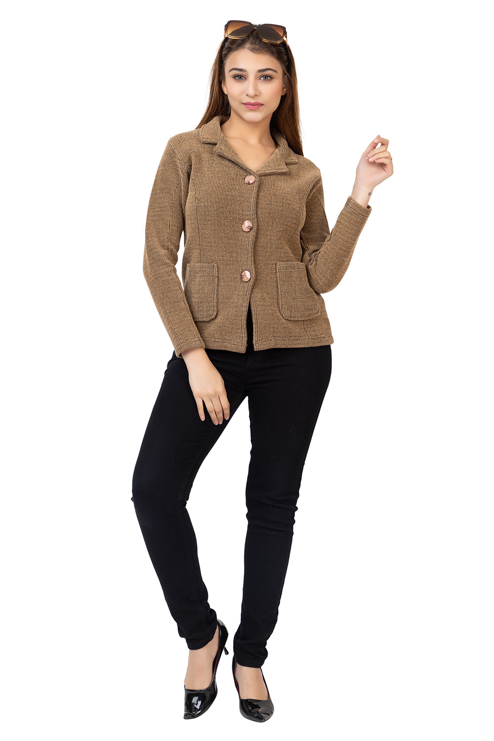 2815 Camel Knitted Notched-Collar Cardigan with Pockets TWENTY ME