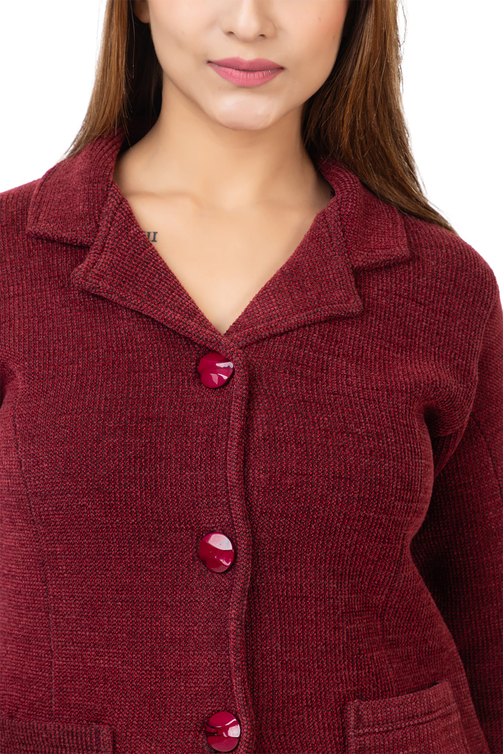 2815 Maroon Knitted Notched-Collar Cardigan with Pockets TWENTY ME