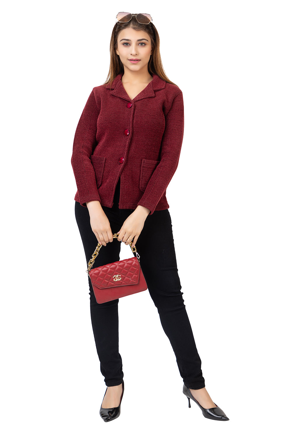 2815 Maroon Knitted Notched-Collar Cardigan with Pockets TWENTY ME