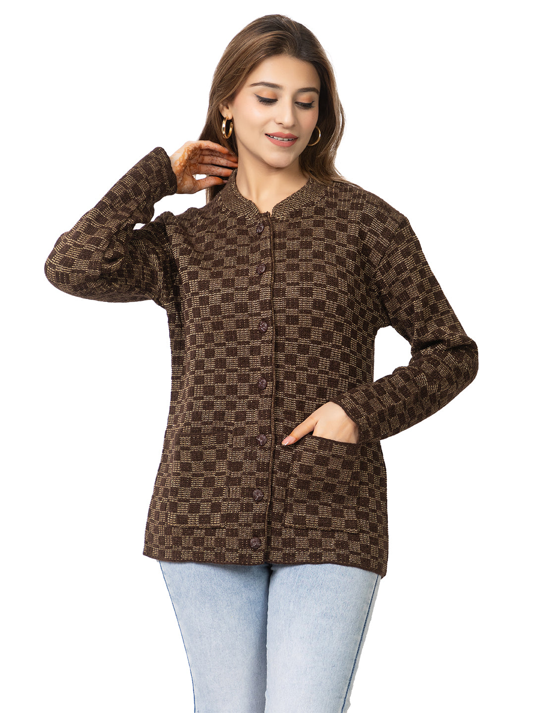 2894 Brown Cardigan Acrylic Blend Button Closure Front Pocket Winter Wear TWENTY ME