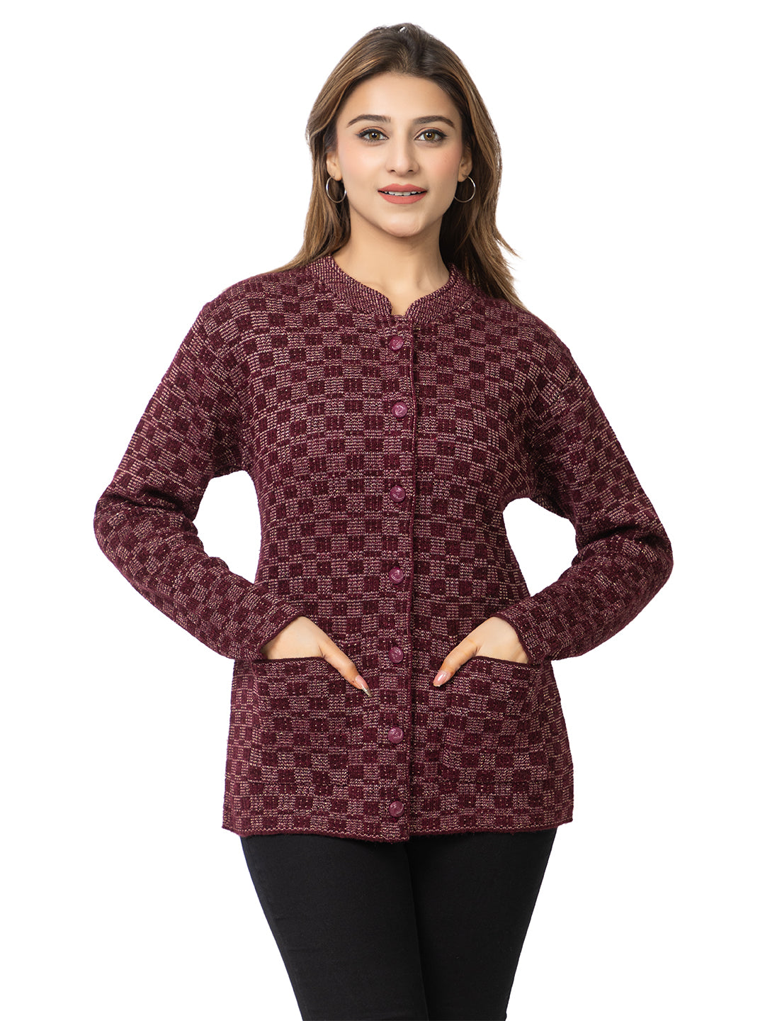 2894 Wine Cardigan Acrylic Blend Button Closure Front Pocket Winter Wear TWENTY ME