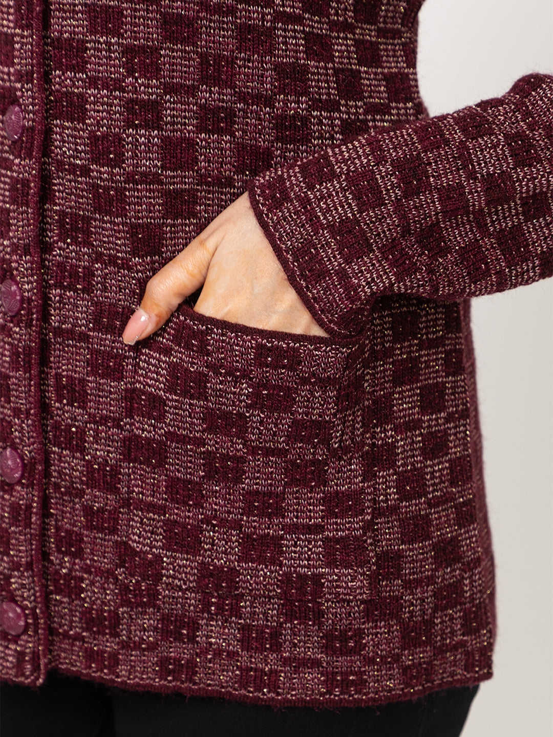 2894 Wine Cardigan Acrylic Blend Button Closure Front Pocket Winter Wear TWENTY ME