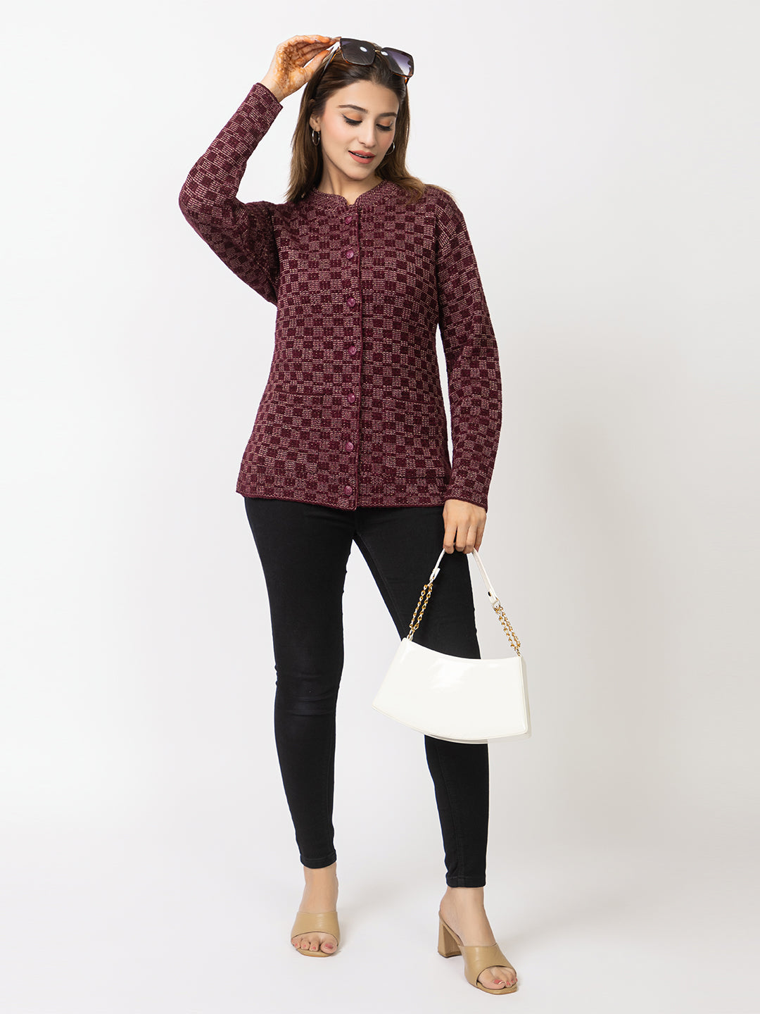 2894 Wine Cardigan Acrylic Blend Button Closure Front Pocket Winter Wear TWENTY ME
