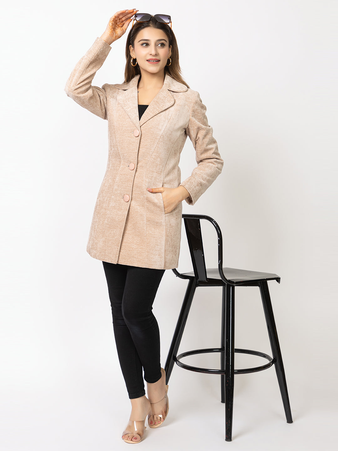 4263 Beige Acrylic Blend Self Design Coat Winter Wear TWENTY ME