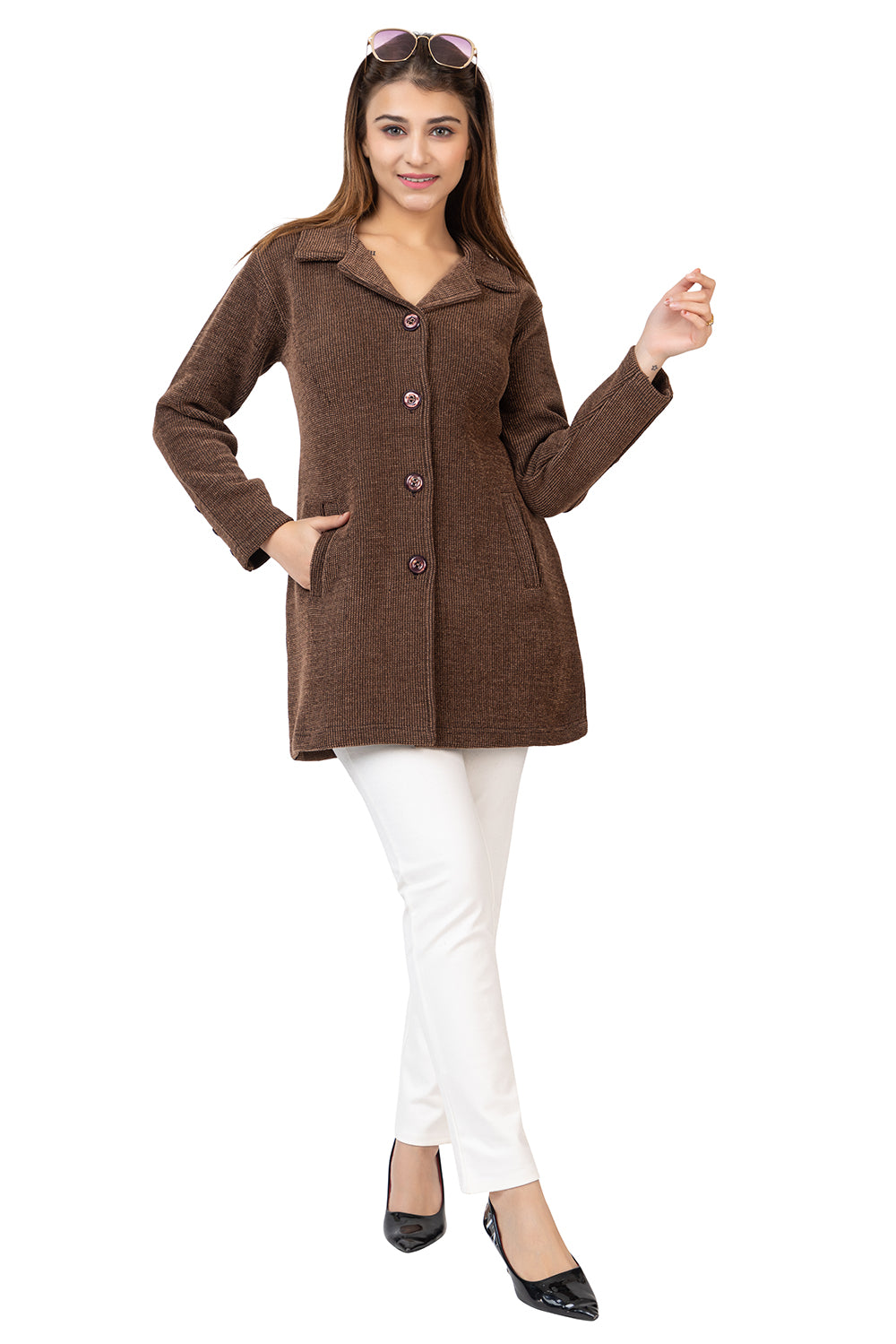 4576 Brown Full Sleeve with Pockets Women's Long Cardigans Winter Wear twenty me
