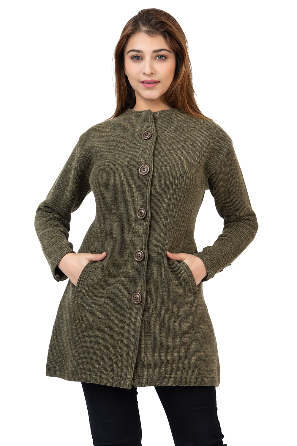 4577 Olive Full Sleeve with Pockets and buttons Women's Long Cardigans Winter Wear twenty me