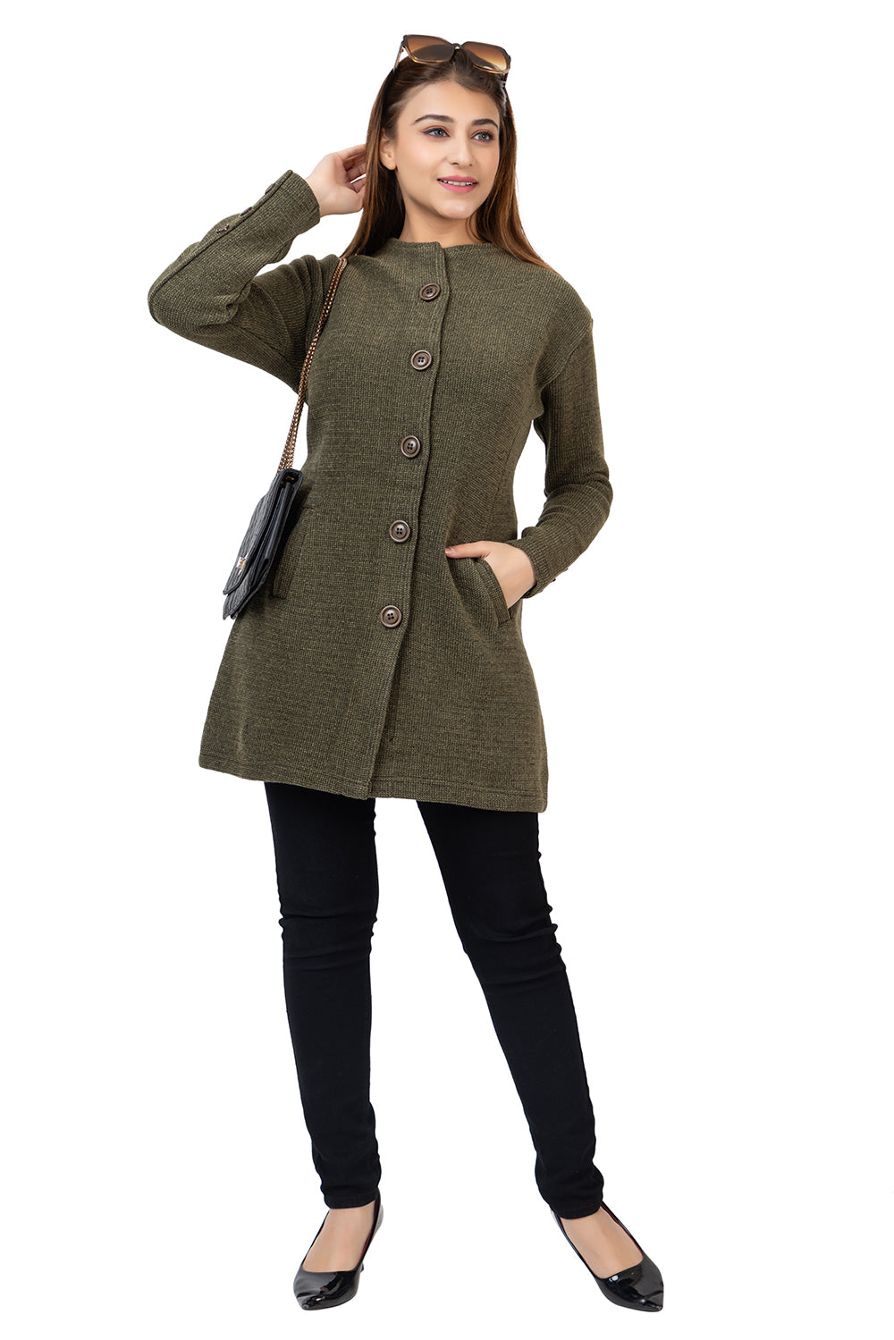 4577 Olive Full Sleeve with Pockets and buttons Women's Long Cardigans Winter Wear twenty me