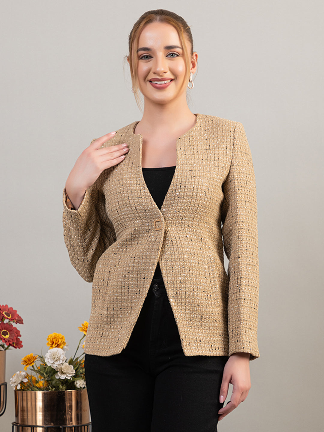 TWENTY ME Winter Wear Casual Wear Tweed Regular Fit with Side pockets Stylish Blazer for Women (4272)
