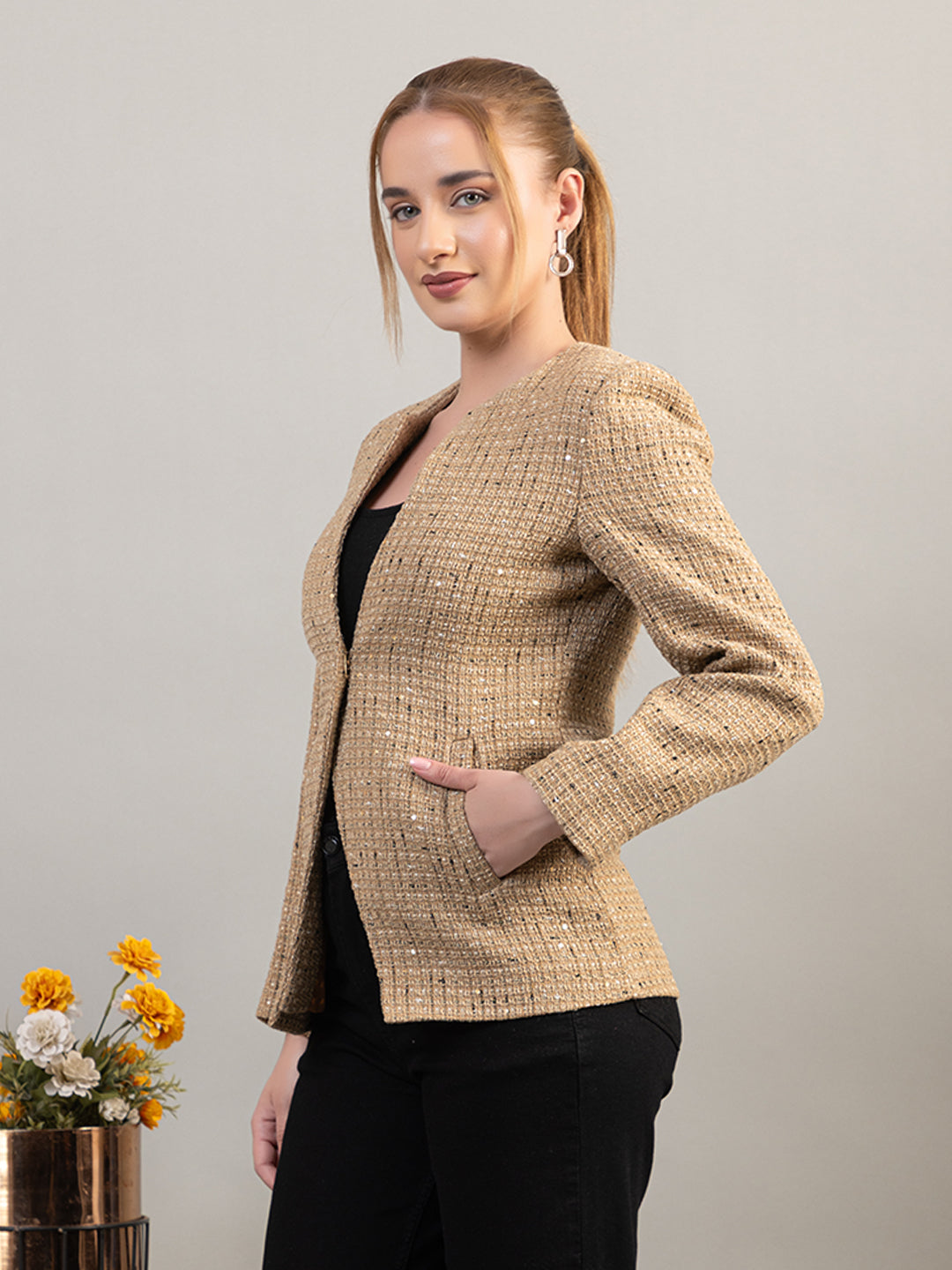 TWENTY ME Winter Wear Casual Wear Tweed Regular Fit with Side pockets Stylish Blazer for Women (4272)